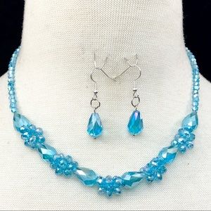 Aqua Blue Glass Beaded Cluster Necklace Earrings Set